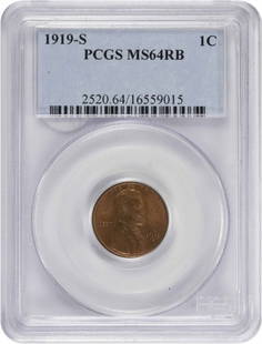 1919-S Lincoln Cent MS64RB PCGS: Certification: PCGS Circulated/Uncirculated: Uncirculated Year: 1919 Mint Location: San Francisco Km Number: 132 Denomination: Small Cent Composition: 95% Copper 5% Tin and Zinc Grade: MS64 Coin:
