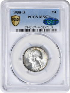 1950-D Washington Silver Quarter MS67+ PCGS (CAC): Certification: PCGS Circulated/Uncirculated: Uncirculated Year: 1950 Mint Location: Denver Km Number: 164 Denomination: 25C Composition: 90% Silver 10% Copper Grade: MS67 Coin: Washington Designer: