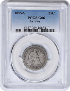 1855-S Liberty Seated Silver Quarter Arrows G06: Certification: PCGS Circulated/Uncirculated: Circulated Year: 1855 Mint Location: San Francisco Km Number: 81 Denomination: 25C Grade: G Composition: 90% Silver 10% Copper Coin: Seated Liberty