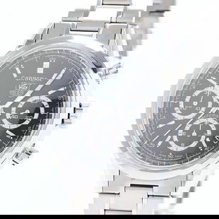 TAG Heuer Carrera Automatic Chronograph: Movement: Automatic Winding Case Size: 38mm Band Size: 18.5cm Case Material: Stainless Steel Band Material: SS Watch Glass: Sapphire Crystal Windshield Dial Color: Black Type: Wrist watch At