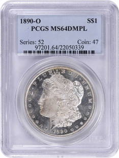 1890-O Morgan Silver Dollar MS64DMPL PCGS: Certification: PCGS Circulated/Uncirculated: Uncirculated Year: 1890 Composition: 90% Silver 10% Copper Mint Location: New Orleans Km Number: 110 Denomination: $1 Grade: MS64 Coin: Morgan Designer:
