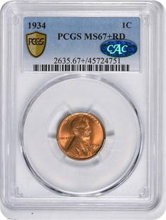 1934 Lincoln Cent MS67+RD PCGS (CAC): Certification: PCGS Circulated/Uncirculated: Uncirculated Year: 1934 Mint Location: Philadelphia Km Number: 132 Denomination: Small Cent Composition: 95% Copper 5% Tin and Zinc Grade: MS67 Coin: