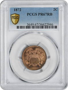 1872 Two Cent Piece PR67RB PCGS: Certification: PCGS Circulated/Uncirculated: Uncirculated Year: 1872 Strike Type: Proof Mint Location: Philadelphia Km Number: 94 Denomination: 2C Grade: PR67 Composition: Bronze Designer: James