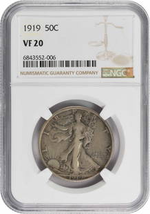 1919 Walking Liberty Silver Half Dollar VF20 NGC: Certification: NGC Circulated/Uncirculated: Uncirculated Year: 1919 Mint Location: Philadelphia Km Number: 142 Denomination: 50C Grade: VF Composition: 90% Silver 10% Copper Coin: Liberty Walking