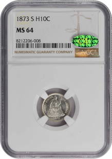 1873-S Liberty Seated Silver Half Dime MS64 NGC: Certification: NGC Circulated/Uncirculated: Circulated Year: 1873 Mint Location: San Francisco Km Number: 91 Denomination: Half Dime Grade: MS64 Composition: 90% Silver 10% Copper Coin: Seated