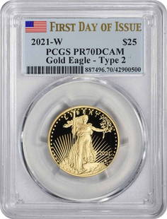 2021-W $25 American Proof Gold Eagle Type 2: Certification: PCGS Precious Metal Content Per Unit: 1/2 oz Coin: American Buffalo Year: 2021 Strike Type: Proof Grade: PR70 Fineness: 0.9999 Composition: 91.67% Gold 3% Silver 5.33% Copper