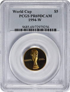 1994-W World Cup $5 Gold Five Dollar Proof: Certification: PCGS Circulated/Uncirculated: Uncirculated Km Number: 248 Composition: Gold Year: 1994 Denomination: Five Dollar Grade: PR69 Strike Type: Proof Mint Location: W At SEUYCO, we strive