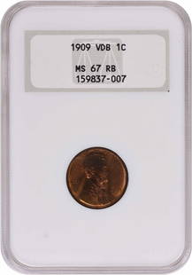 1909 VDB Lincoln Cent MS67RB NGC: Certification: NGC Circulated/Uncirculated: Uncirculated Km Number: 132 Year: 1909 Grade: MS67 Composition: Copper Mint Location: No Mint Mark Denomination: Small Cent Coin: Lincoln Wheat At