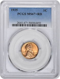 1935 Lincoln Cent MS67+RD PCGS: Certification: PCGS Circulated/Uncirculated: Uncirculated Year: 1935 Mint Location: Philadelphia Km Number: 132 Denomination: Small Cent Composition: 95% Copper 5% Tin and Zinc Grade: MS67 Coin: