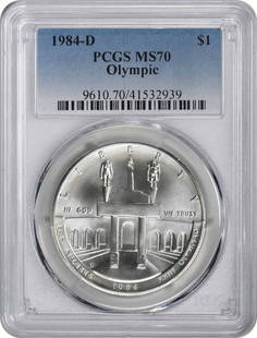 1984-D Olympic Silver Commemorative Dollar MS70: Certification: PCGS Circulated/Uncirculated: Uncirculated Year: 1984 Denomination: Dollar Mint Location: Denver Km Number: 210 Grade: MS70 Composition: 90% Silver 10% Copper Features: Commemorative