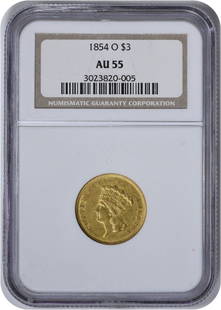 1854-O $3 Gold AU55 NGC: Certification: NGC Circulated/Uncirculated: Circulated Year: 1854 Mint Location: New Orleans Km Number: 84 Denomination: $3 Fineness: 0.9 Grade: AU Composition: Gold Mintage: 24 000 Designer: James