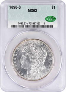 1898-S Morgan Silver Dollar MS63 CACG: Certification: CACG Circulated/Uncirculated: Uncirculated Year: 1898 Composition: 90% Silver 10% Copper Mint Location: San Francisco Km Number: 110 Denomination: $1 Grade: MS63 Coin: Morgan