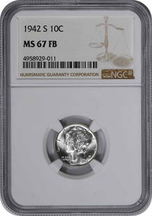 1942-S Mercury Silver Dime MS67FB NGC: Certification: NGC Circulated/Uncirculated: Uncirculated Year: 1942 Mint Location: San Francisco Km Number: 140 Denomination: 10C Grade: MS66 Composition: 90% Silver 10% Copper Coin: Mercury