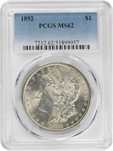 1892 Morgan Silver Dollar MS62 PCGS: Certification: PCGS Circulated/Uncirculated: Uncirculated Year: 1892 Composition: 90% Silver 10% Copper 90% Silver 10% Copper Mint Location: Philadelphia Km Number: 110 Denomination: $1 Grade: MS62