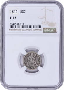 1844 Liberty Seated Silver Dime F12 NGC: Certification: NGC Circulated/Uncirculated: Circulated Year: 1844 Mint Location: Philadelphia Km Number: 63.2 Denomination: 10C Grade: F Composition: 90% Silver 10% Copper Coin: Seated Liberty