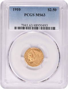 1910 $2.50 Gold Indian MS63 PCGS: Certification: PCGS Circulated/Uncirculated: Uncirculated Km Number: 128 Composition: Gold Year: 1910 Denomination: $2.50 Grade: MS63 Mint Location: No Mint Mark At SEUYCO, we strive to provide