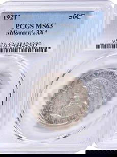 Missouri 2x4 Commemorative Silver Half Dollar: Certification: NGC Circulated/Uncirculated: Uncirculated Year: 1921 Denomination: Half Dollar Mint Location: Philadelphia Km Number: 149.2 Grade: MS63 Composition: 90% Silver 10% Copper Features: