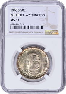 Washington (Booker T.) Commemorative Half Dollar: Certification: NGC Circulated/Uncirculated: Uncirculated Year: 1946 Denomination: Half Dollar Mint Location: Philadelphia Km Number: 198 Grade: MS67 Composition: 90% Silver 10% Copper Features: