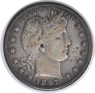 1897-S Barber Silver Quarter VF Uncertified #222: Certification: Uncertified Circulated/Uncirculated: Circulated Year: 1897 Mint Location: San Francisco Km Number: 114 Denomination: 25C Grade: VF Composition: 90% Silver 10% Copper Coin: Barber