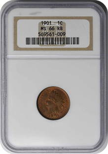 1901 Indian Cent MS66RB NGC: Certification: NGC Circulated/Uncirculated: Uncirculated Year: 1901 Mint Location: Philadelphia Km Number: 90a Denomination: Small Cent Grade: MS66 Composition: 95% Copper 5% Tin and Zinc Coin: