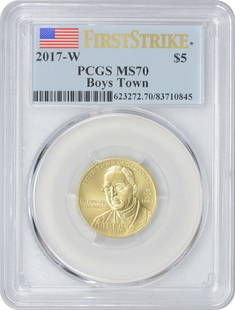 2017-W $5 Gold Boys Town Commemorative MS70 PCGS: Certification: PCGS Circulated/Uncirculated: Uncirculated Km Number: 661 Composition: Gold Year: 2017 Denomination: Five Dollar Grade: MS70 Mint Location: W At SEUYCO, we strive to provide