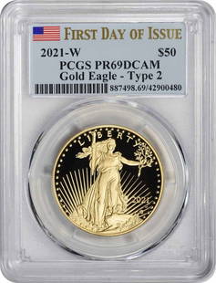2021-W $50 American Proof Gold Eagle Type 2: Certification: PCGS Precious Metal Content Per Unit: 1 oz Coin: American Buffalo Year: 2021 Strike Type: Proof Grade: PR69 Fineness: 0.9999 Composition: 91.67% Gold 3% Silver 5.33% Copper Diameter: