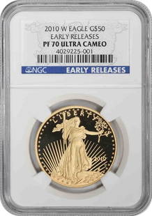 2010-W $50 American Gold Eagle PR70UCAM Early: Composition: 91.67% Gold 3% Silver 5.33% Copper Strike Type: Proof Fineness: 0.999 Grade: PR70 Mintage: 59 480 Certification: NGC Weight: 33.93 grams Coin: American Eagle Designer: Augustus Saint