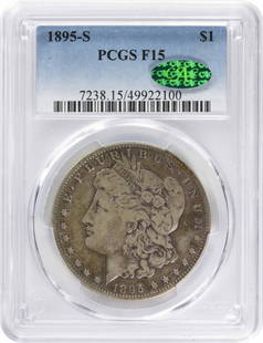 1895-S Morgan Silver Dollar F15 PCGS (CAC): Certification: PCGS Circulated/Uncirculated: Circulated Year: 1895 Composition: 90% Silver 10% Copper Mint Location: San Francisco Km Number: 110 Denomination: $1 Grade: F Coin: Morgan Designer: