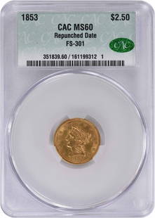 1853 $2.50 Gold Liberty Head RPD FS-301 AU58 CACG: Certification: CACG Circulated/Uncirculated: Uncirculated Year: 1853 Mint Location: Philadelphia Fineness: 0.9 Km Number: 69 Denomination: $2.50 Grade: MS60 Composition: 90% Gold 10% Copper