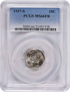 1937-S Mercury Silver Dime MS66FB PCGS: Certification: PCGS Circulated/Uncirculated: Uncirculated Year: 1937 Mint Location: San Francisco Km Number: 140 Denomination: 10C Grade: MS66 Composition: 90% Silver 10% Copper Coin: Mercury