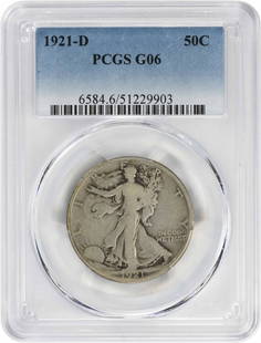 1921-D Walking Liberty Silver Half Dollar G06 PCGS: Certification: PCGS Circulated/Uncirculated: Circulated Km Number: 142 Year: 1921 Grade: G Mint Location: D Composition: Silver Denomination: 50C Coin: Liberty Walking At SEUYCO, we strive to