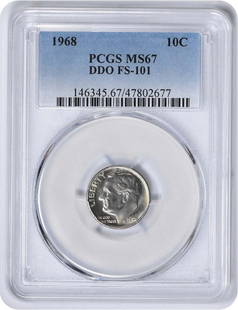 1968 Roosevelt Dime DDO FS-101 MS67 PCGS: Certification: PCGS Year: 1968 Circulated/Uncirculated: Uncirculated Denomination: 10C Composition: 75% Copper 25% Nickel over a pure Copper center Grade: MS67 Mint Location: Philadelphia Km Number: