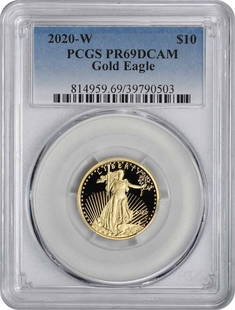 2020-W $10 American Gold Eagle PR69DCAM PCGS: Certification: PCGS Precious Metal Content Per Unit: 1/4 oz Coin: American Buffalo Year: 2020 Strike Type: Proof Grade: PR69 Fineness: 0.9999 Composition: 91.67% Gold 3% Silver 5.33% Copper
