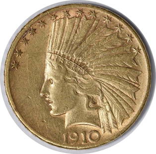 1910-S $10 Gold Indian AU Uncertified #322: Certification: Uncertified Circulated/Uncirculated: Circulated Year: 1910 Mint Location: San Francisco Fineness: 0.9 Km Number: 130 Denomination: $10 Grade: AU Composition: 90% Gold 10% Copper