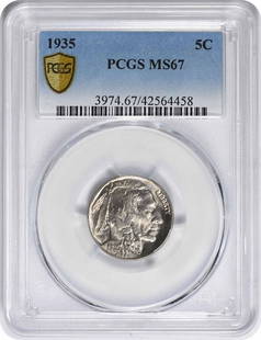 1935 Buffalo Nickel MS67 PCGS: Certification: PCGS Circulated/Uncirculated: Uncirculated Year: 1935 Mint Location: No Mint Mark Km Number: 134 Denomination: 5C Grade: MS67 Composition: Nickel Coin: Buffalo At SEUYCO, we strive