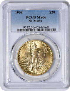 1908 $20 Gold St. Gaudens No Motto MS66 PCGS: Certification: PCGS Circulated/Uncirculated: Uncirculated Year: 1908 Mint Location: Philadelphia Fineness: 0.9 Km Number: 127 Denomination: $20 Grade: MS66 Composition: 90% Gold 10% Copper Designer: