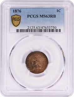 1876 Indian Cent MS63RB PCGS: Certification: PCGS Circulated/Uncirculated: Uncirculated Km Number: 90a Year: 1876 Grade: MS63 Composition: Copper Mint Location: No Mint Mark Denomination: Small Cent Coin: Indian Head At