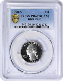 1990-S Washington Quarter DDO FS-101 PR69DCAM PCGS: Certification: PCGS Circulated/Uncirculated: Uncirculated Year: 1990 Strike Type: Proof Mint Location: San Francisco Km Number: A164a Denomination: 25C Composition: 75% Copper 25% Nickel over a pure