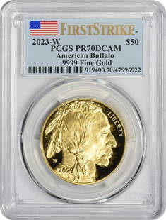 2023-W $50 American Gold Buffalo PR70DCAM First: Certification: PCGS Precious Metal Content Per Unit: 1 oz Coin: American Buffalo Year: 2023 Strike Type: Proof Grade: PR70 Fineness: 0.9999 Composition: 99.99% Gold Designer: James Earle Fraser