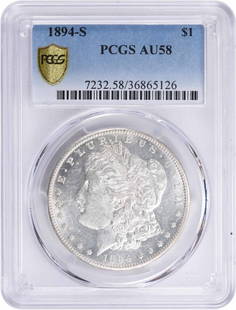 1894-S Morgan Silver Dollar AU58 PCGS: Certification: PCGS Circulated/Uncirculated: Uncirculated Year: 1894 Composition: 90% Silver 10% Copper Mint Location: San Francisco Km Number: 110 Denomination: $1 Grade: AU Coin: Morgan Designer: