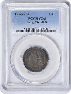 1856-S/S Liberty Seated Silver Quarter: Certification: PCGS Circulated/Uncirculated: Circulated Year: 1856 Mint Location: San Francisco Km Number: A64.2 Denomination: 25C Grade: G Composition: 90% Silver 10% Copper Coin: Seated Liberty