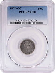 1872-CC Liberty Seated Silver Dime VG10 PCGS: Certification: PCGS Circulated/Uncirculated: Circulated Year: 1872 Mint Location: Carson City Km Number: 92 Denomination: 10C Grade: VG Composition: 90% Silver 10% Copper Coin: Seated Liberty