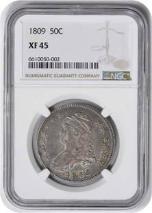 1809 Bust Silver Half Dollar EF45 NGC: Certification: NGC Circulated/Uncirculated: Circulated Year: 1809 Mint Location: Philadelphia Km Number: 37 Denomination: 50C Composition: 89.2% Silver 10.8% Copper Grade: XF Designer: John Reich