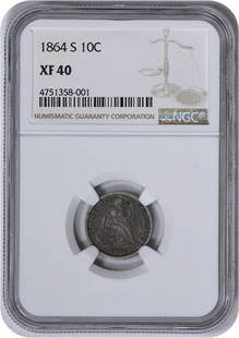 1864-S Liberty Seated Silver Dime EF40 NGC: Certification: NGC Circulated/Uncirculated: Circulated Year: 1864 Mint Location: San Francisco Km Number: 92 Denomination: 10C Grade: XF Composition: 90% Silver 10% Copper Coin: Seated Liberty