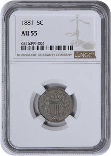 1881 Shield Nickel AU55 NGC: Certification: NGC Circulated/Uncirculated: Circulated Year: 1881 Mint Location: Philadelphia Km Number: 97 Denomination: 5C Grade: AU Composition: 75% Copper 25% Nickel Coin: Shield Designer: James