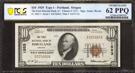 1929 $10 FIRST NATIONAL BANK NOTE CURRENCY: Certification: PCGS Grade Designation: EPQ/PPQ Grade: 62 PPQ Series Year: 1929 Year: 1929 Circulated/Uncirculated: Circulated Country: United States Category: Small National Bank Notes Serial No. :