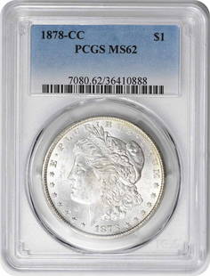 1878-CC Morgan Silver Dollar MS62 PCGS: Certification: PCGS Circulated/Uncirculated: Uncirculated Year: 1878 Composition: 90% Silver 10% Copper Mint Location: Carson City Km Number: 110 Denomination: $1 Grade: MS62 Coin: Morgan Designer: