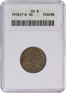 1918/7-D Buffalo Nickel VG08 ANACS: Certification: ANACS Circulated/Uncirculated: Circulated Km Number: 134 Year: 1918 Grade: VG Mint Location: D Composition: Nickel Denomination: 5C Coin: Buffalo ---- At SEUYCO, we strive to