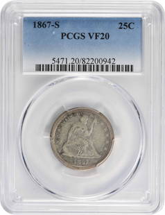 1867-S Liberty Seated Silver Quarter VF20 PCGS: Certification: PCGS Circulated/Uncirculated: Circulated Year: 1867 Mint Location: San Francisco Km Number: 98 Denomination: 25C Grade: VF Composition: 90% Silver 10% Copper Coin: Seated Liberty