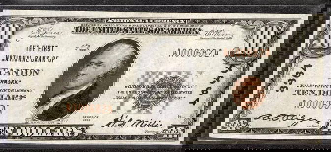 1929 $10 FIRST NATIONAL BANKNOTE CURRENCY STANTON: Certification: Uncertified Series Year: 1929 Year: 1929 Circulated/Uncirculated: Circulated Country: United States Category: Small National Bank Notes Serial No. : A000682A Denomination: $10 ---- 